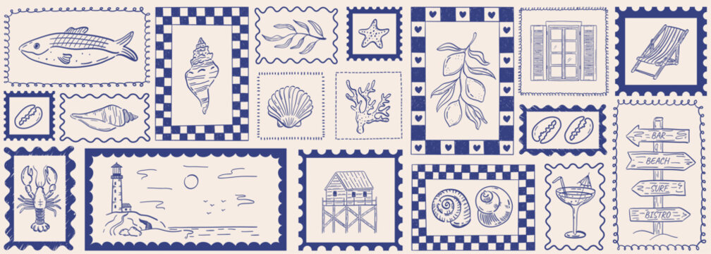 Seamless vector banner with mediterranean summer line art seashells, lemons, lobster and various coastal elements. Whimsical background with playful blue frames. Tropical beach pattern