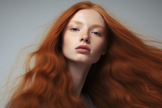 Studio portrait showcasing flowing red hair of a confident female model