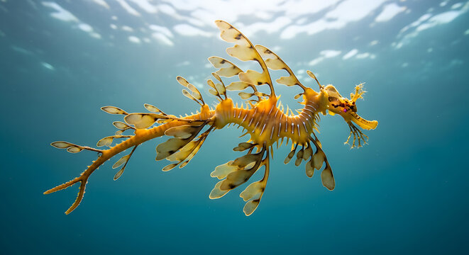 A vibrant leafy seadragon swimming in the ocean with natural light shining through