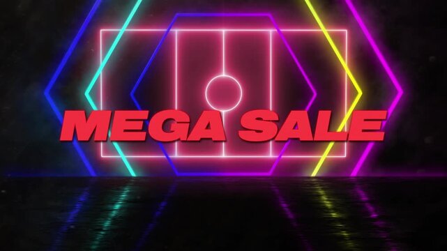 Animation of mega sale text over moving neon stadium and shapes