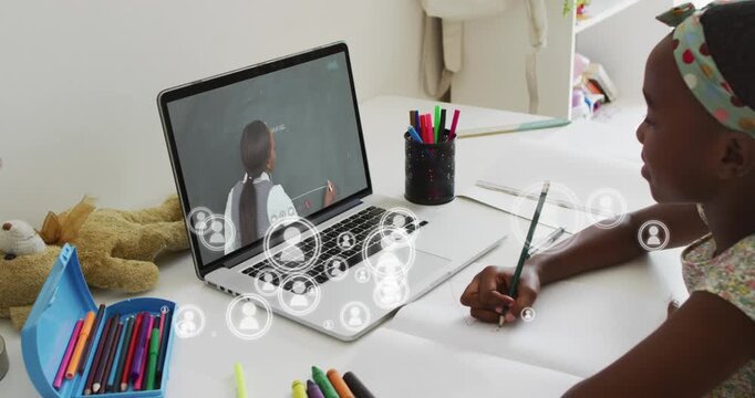 Animation of media icons over african american schoolgirl having video call with teacher
