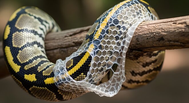 Close-up of a Ball Python Shedding Skin on a Branch