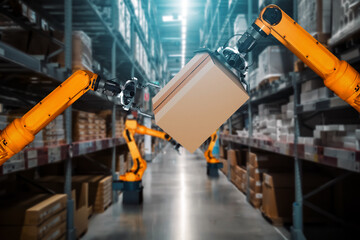 Fototapeta premium Smart robot arm system for innovative warehouse and factory digital technology . Automation manufacturing robot controlled by industry engineering using IOT software connected to internet network .