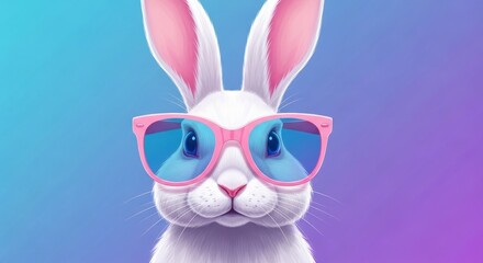 Fototapeta premium A cute white rabbit wearing stylish pink sunglasses against a vibrant blue and purple background