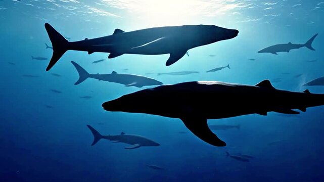 AI Generated Shark Silhouettes Swimming Underwater In Blue Ocean Light Rays Cinematic Marine Scene 4K
