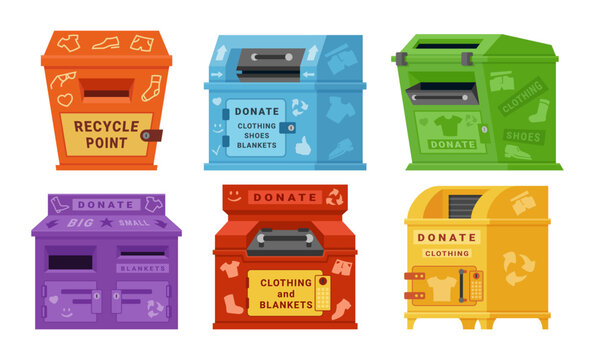 A set of clothing donation containers for public spaces. Donation boxes for public spaces. Containers for sorting and recycling fabric, social support, and clothing exchange.