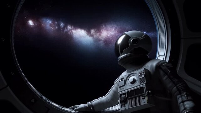 Astronaut Views Cosmic Landscape. Quiet Scene Showing Astronaut Marveling At Galaxy Through Porthole