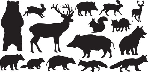 Diverse collection of black silhouette forest animals and wildlife icons © Tarif