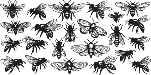 Diverse collection of black and white insect silhouettes resembling bees and flies © Tarif