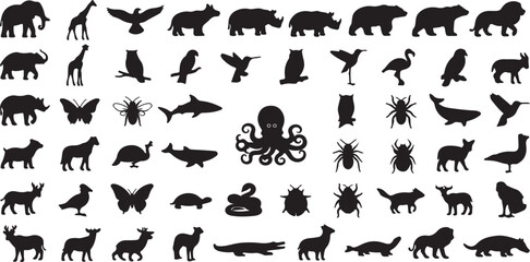 Diverse collection of black silhouette animals and creatures from nature © Tarif