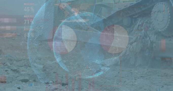 Animation of globe with statistics and data processing over bulldozer in wasteland