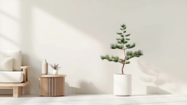 This living room shows a small potted pine on a table next to a couch. Natural light comes through the window, highlighting the clean space and simple decor