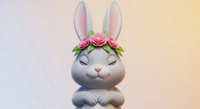 A cute 3d rendered grey bunny with closed eyes wearing a beautiful pink flower crown on its head