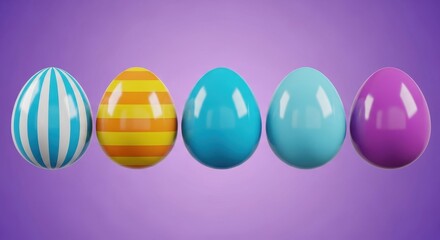 Fototapeta premium A row of five colorful easter eggs with various patterns and shades displayed on a purple background