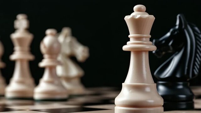 Chess players explore strategies and tactics on the board using symbols. The focus is on the queen and knight pieces in a competitive match. Each move reveals deep thought