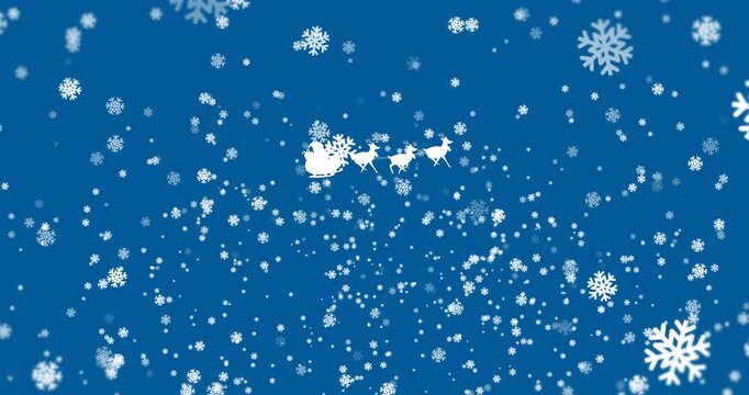 Animation of snowflakes falling over santa claus in sleigh being pulled by reindeers