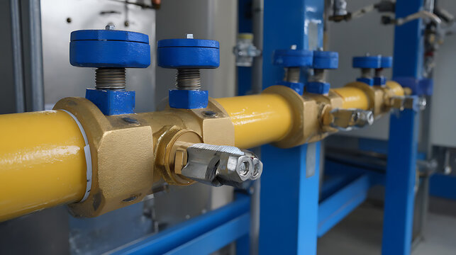 Industrial yellow pipe with blue valves and complex brass fittings inside a modern facility, highlighting precision engineering and clean infrastructure