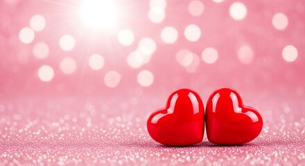 Obraz premium Two bright red hearts sit side-by-side on a sparkling pink glitter surface, with a soft bokeh light effect in the background, creating a romantic and loving atmosphere.