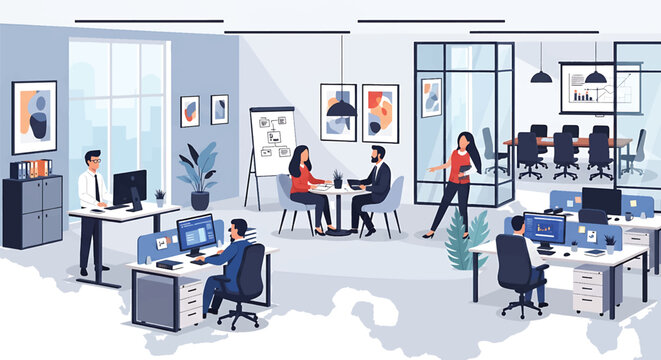 Diverse professionals collaborating and working in a modern openplan office environment.
