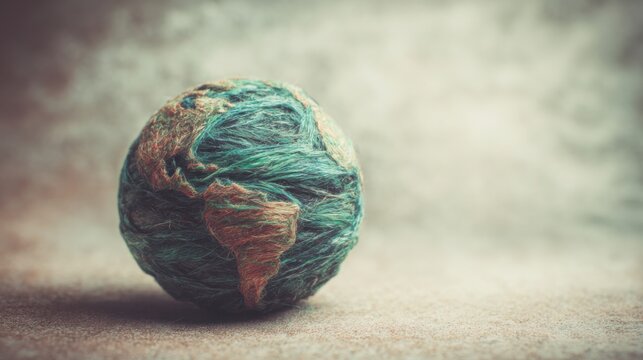 Stylized Earth globe meticulously crafted from textured yarn, showcasing continents and oceans in a close-up artistic representation on a neutral surface.