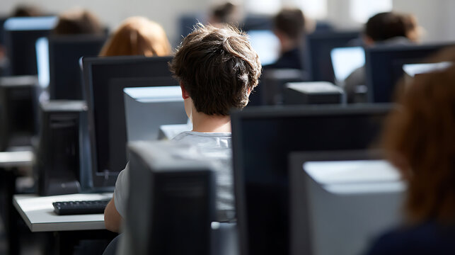 Rear view of diverse students in a computer lab, focused on their screens, learning technology in a modern educational environment
