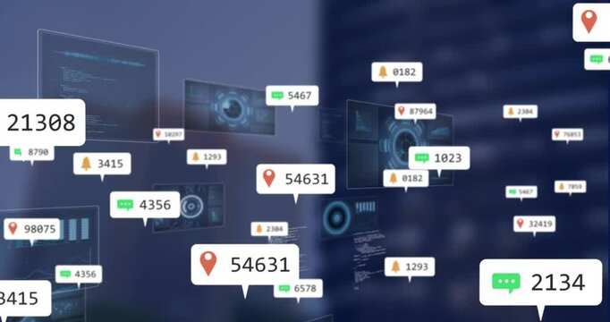 Animation of multiple social media icons and data processing against tall buildings