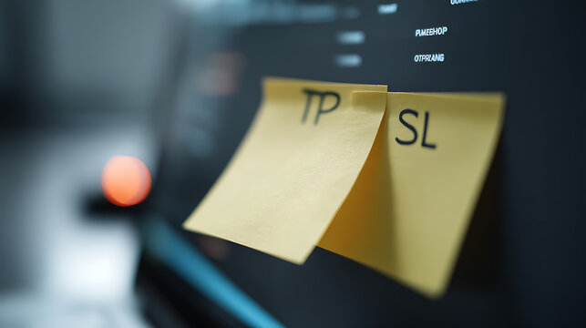 Two yellow sticky notes on a dark monitor screen with financial abbreviations, symbolizing organization and planning in a professional office environment