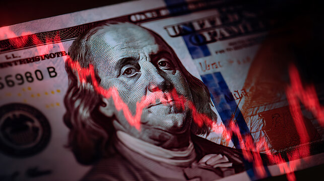 Close-up of currency note with a prominent figure, overlaid with a red financial chart depicting decline, symbolizing economic recession