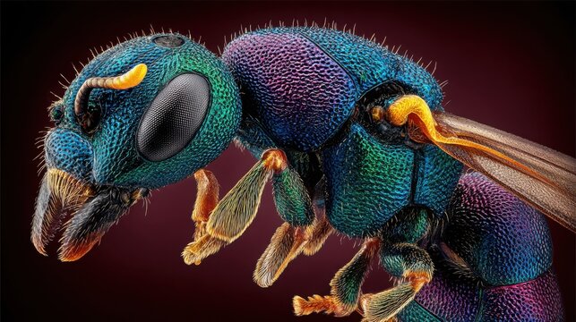 Detailed macro photograph of a metallic iridescent insect's head and thorax with intricate textures and vibrant colors