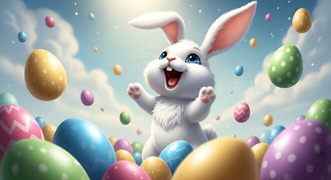 Happy Easter bunny with many colorful easter eggs. Generative AI.