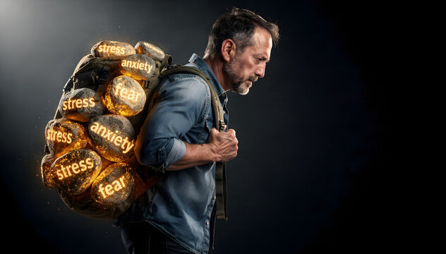 Man burdened by conceptual backpack filled with glowing stones representing heavy emotional weight, illustrating psychological struggle and mental health challenges