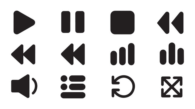 Set of play, pause, stop, previous, rewind, fast forward, volume, playlist, and shuffle media player icons