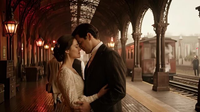 Couple Kissing Goodbye at Historic Train Station, Vintage Period Scene with Steam and Emotion