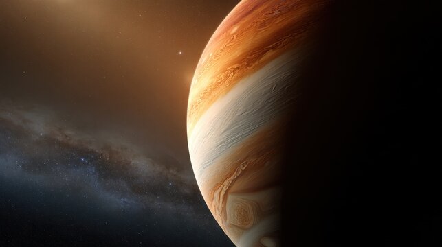Massive gas giant bathed in distant starlight, rich banded clouds, and a star-filled cosmic backdrop