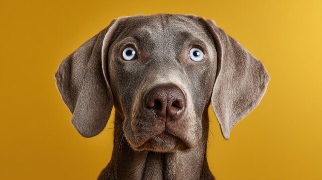 Mascota canina de pelaje gris frente a fondo amarillo c&Atilde;&iexcl;lido, expresi&Atilde;&sup3;n tierna