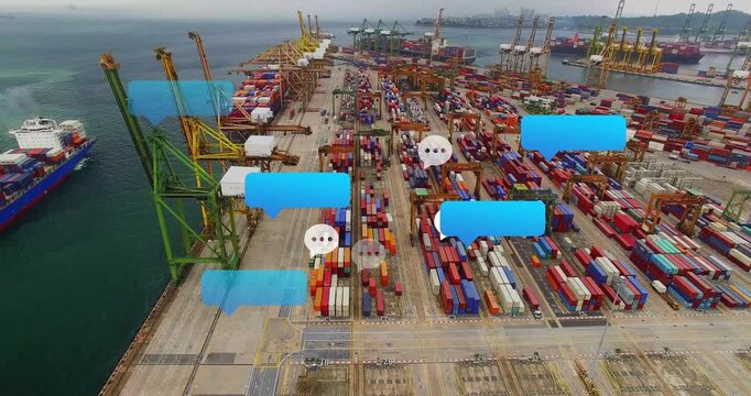 Aerial container yard starting blue bubble appearing, spawning chat icons clustering then fading