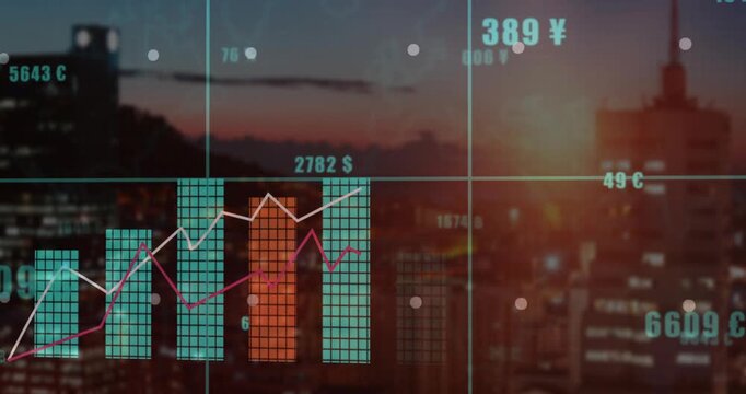Sunset view starting bar chart growing and trend lines updating currency values for analysis
