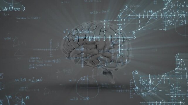 Opening revealing floating 3D brain model, formulas fading, rotating, visualizing math concepts