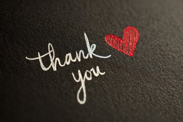 Fototapeta premium Monochrome black paper with a vivid red heart and handwritten 'thank you' message