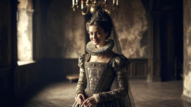 Portrait of a woman in ornate historical attire, painted style, in a dim old hall, expressing heritage and elegance