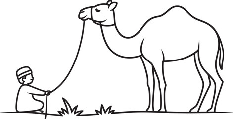 Fototapeta premium Small Muslim child wearing traditional headwear sits while holding the lead rope attached to a large, standing Bactrian camel in a sparse outdoor setting.