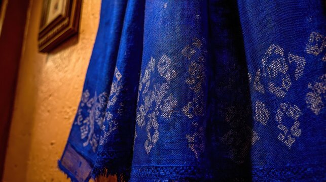 Deep navy woven tapestry fabric with intricate silver thread patterns and decorative border