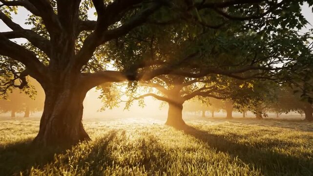 Interwoven Tree Canopy Forming Natural Shelter in Sunrise Meadow Symbolizing Unity and Care
