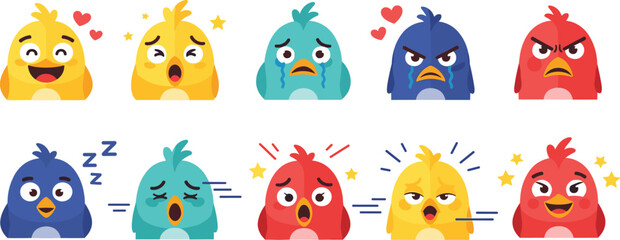 Obraz premium Set of Cute Cartoon Birds Expressing Different Emotions Including Happiness, Sadness, Anger, Sleepiness, and Love