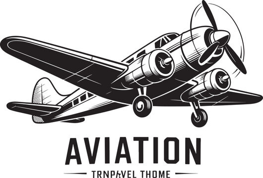 Stylized black and white depiction of a classic twin-engine aircraft centered above the word AVIATION and a decorative name element for emblems.