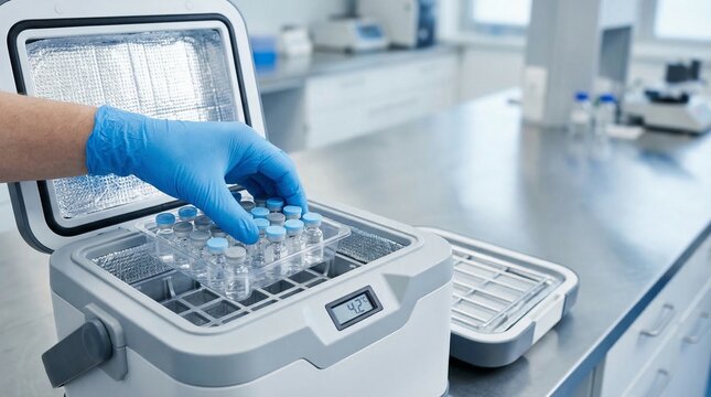 Medical professional handling vaccine vials in portable cold storage cooler in laboratory.