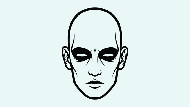 Minimalist black and white line art illustration of a serene bald face with closed eyes and a bindi dot on the forehead for meditation theme.