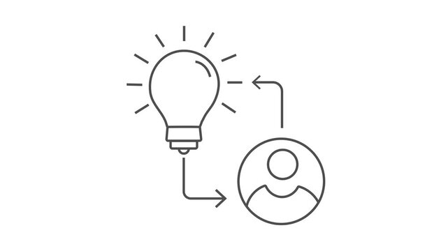 Creative idea generation and user interaction concept. light bulb connected to a user icon, representing innovation, thinking process, and knowledge sharing. 2D animation, 4K resolution, alpha channel