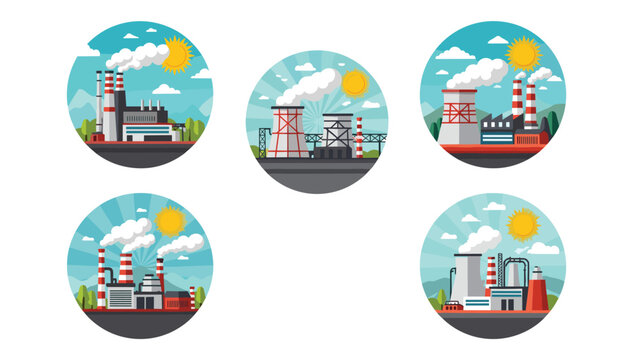Collection of five circular flat vector icons showing different types of industrial power plants and factories with smoking chimneys and sun.