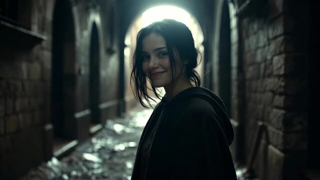 A woman standing in a narrow alley, realistic style, with light behind her, a dark street, conveying mystery